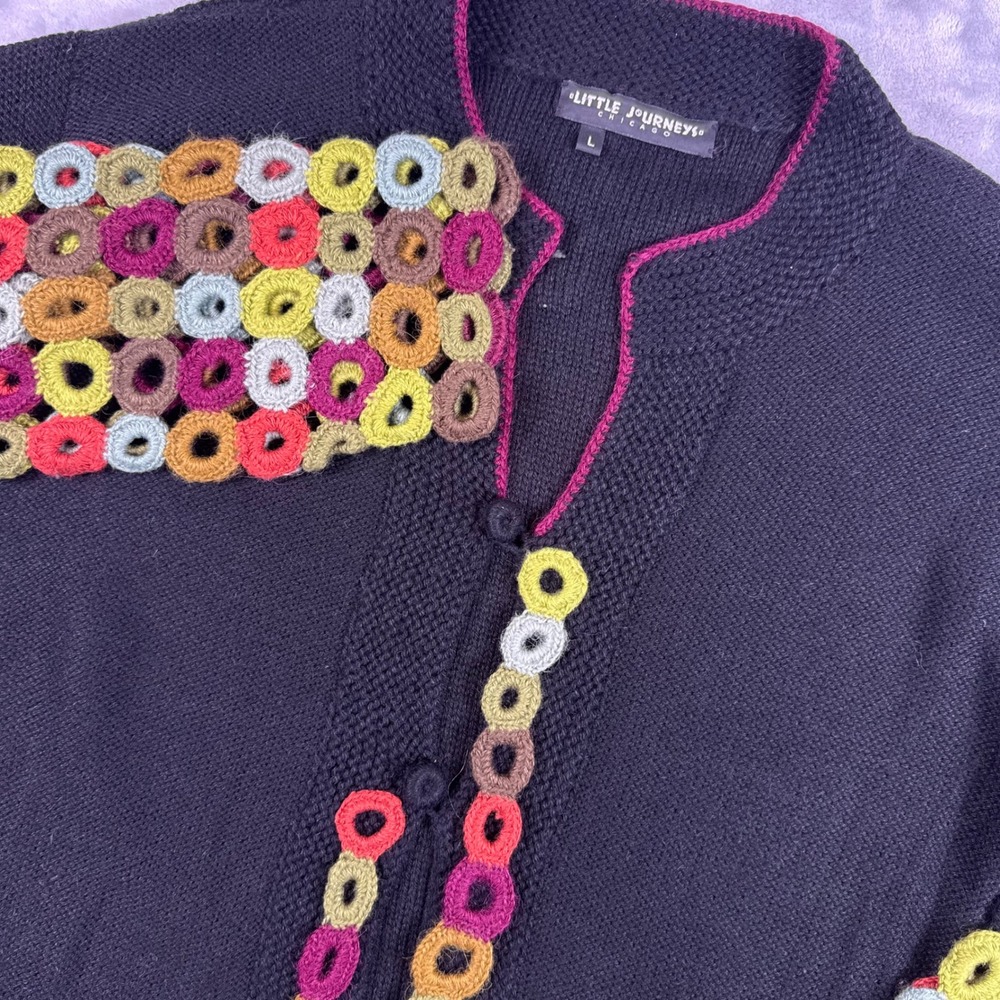 Little Journeys Chicago Black Knit Cardigan Crochet Circles Multi Color Size L